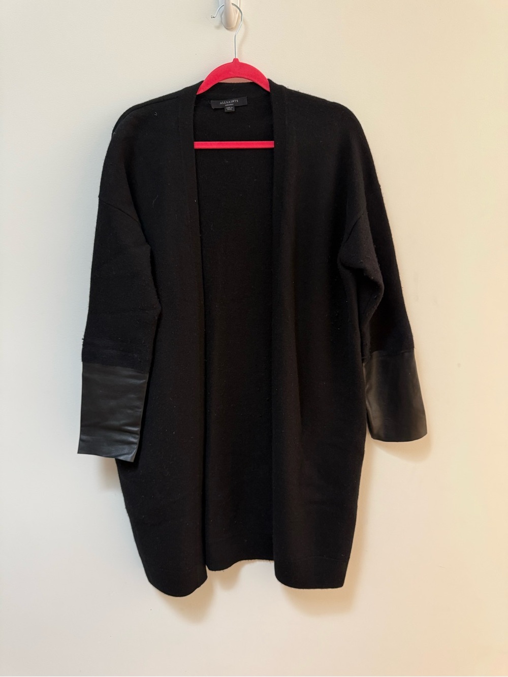 All Saints Black Open-Front Cardigan with Faux Leather Sleeve Panels